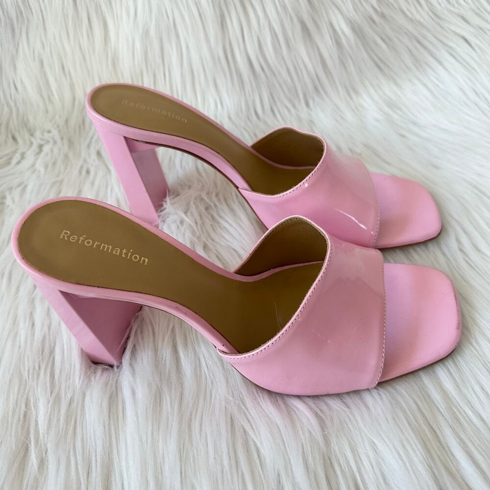 REFORMATION Georgi Block Heel Sandal Patent Leather Square Toe Mule, Pop Pink - Picture 7 of 11